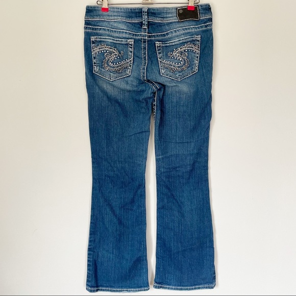 Silver Denim Jeans Embroidered Embellished White Thread Suki Bootcut Size 29x30 - Picture 7 of 14